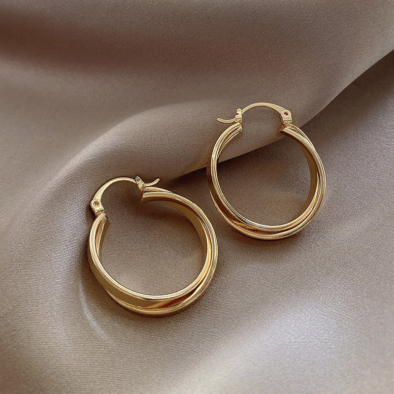 925 Silver Needle Hong Kong Style Retro Metal Earrings Women's High-Grade Geometric Simple Bracelet Ear Clip All-Match Exaggerated Commuter Earrings