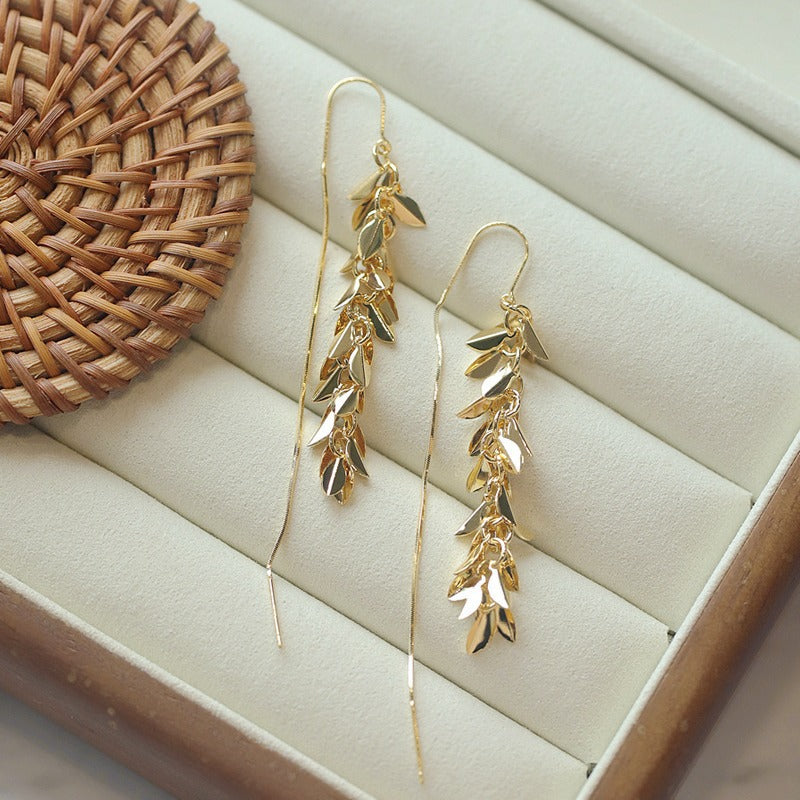 Unique Design Gold Wheat Ear Long Tassel Earrings Ear Thread Light Luxury Elegant Fashion Minimalist Style Earrings