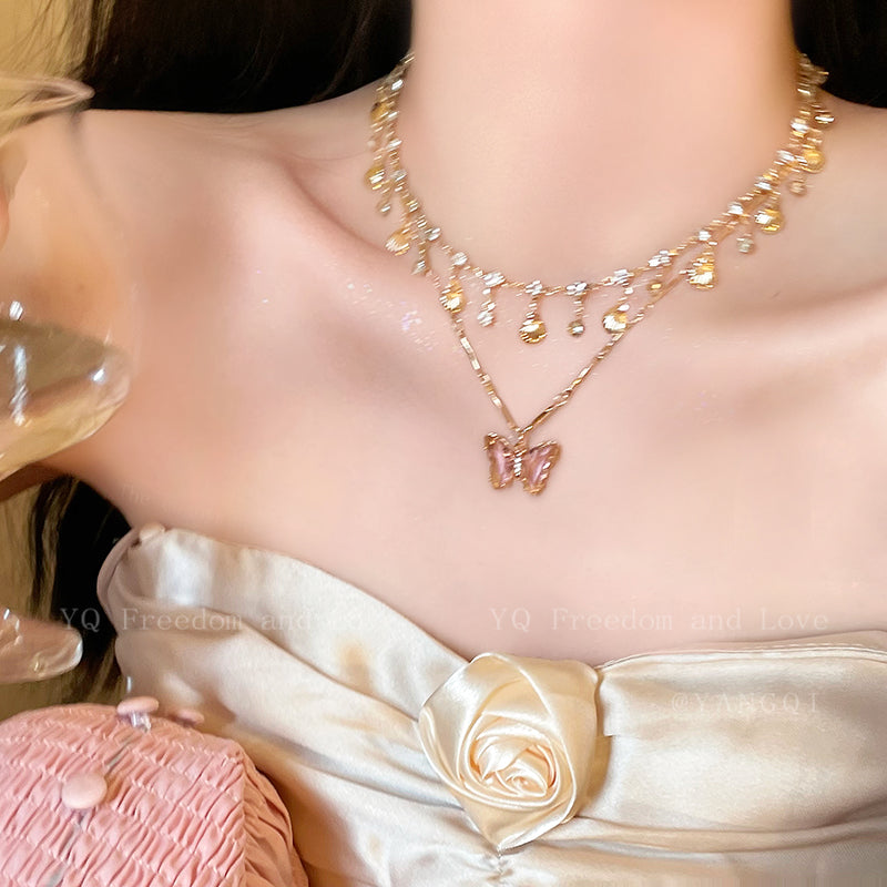 Blue Butterfly Double Tassel Necklace Summer Cool Necklace Accessories Female Niche Clavicle Chain