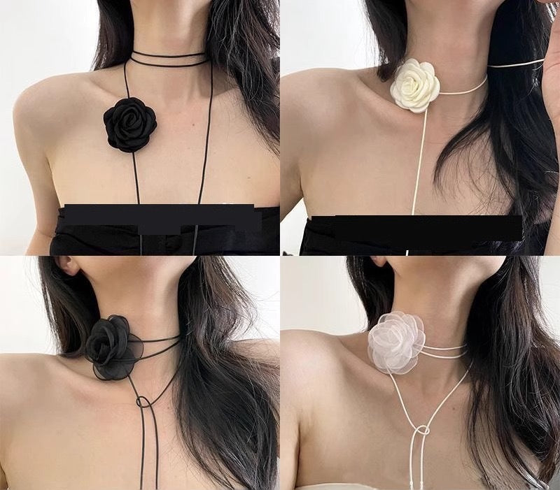 Black and White Flower Necklace Rose Choker Neck Flower Neckband Necklace Female Neck Collar Camellia Clavicle Chain
