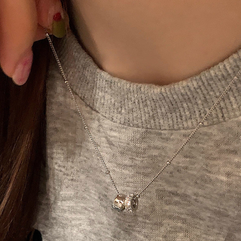 S925 Sterling Silver Double Ring Zircon Necklace Women's Light Luxury Double Ring Niche Clavicle Chain High-grade Sense Woolen Chain New Style