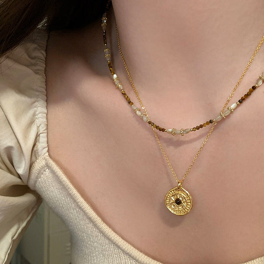 Milad Style Natural Stone Beaded Compass Pendant Layered Necklace for Women, Light Luxury Retro Versatile Choker Collarbone Chain