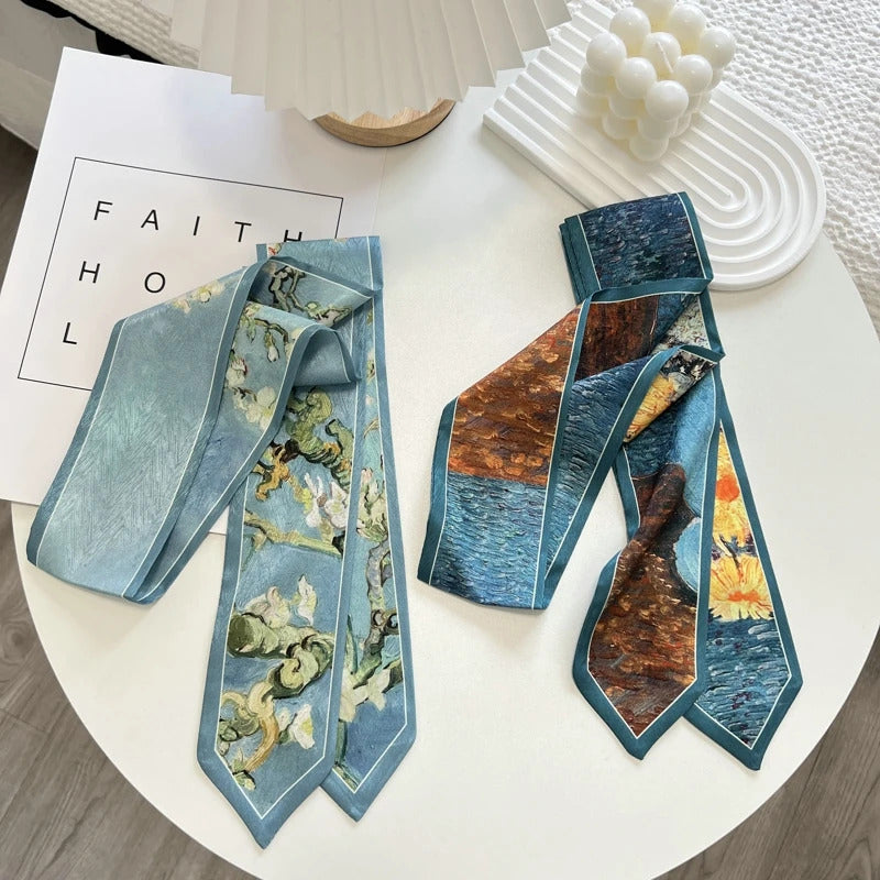 High-Grade Flower Print Long Silk Scarf Hair Band Ribbon Tied-up Hair Long Bow Vintage Satin Ribbon Hair Accessories For Women