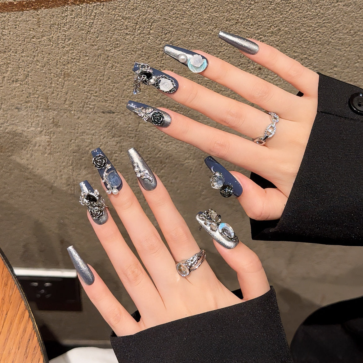 Wearable Nails Heavy Craft Light Luxury Full Diamond Blue Night Rose Star Moon Sparkling Long Fake Nail Stickers Cross-Border Hot Sale