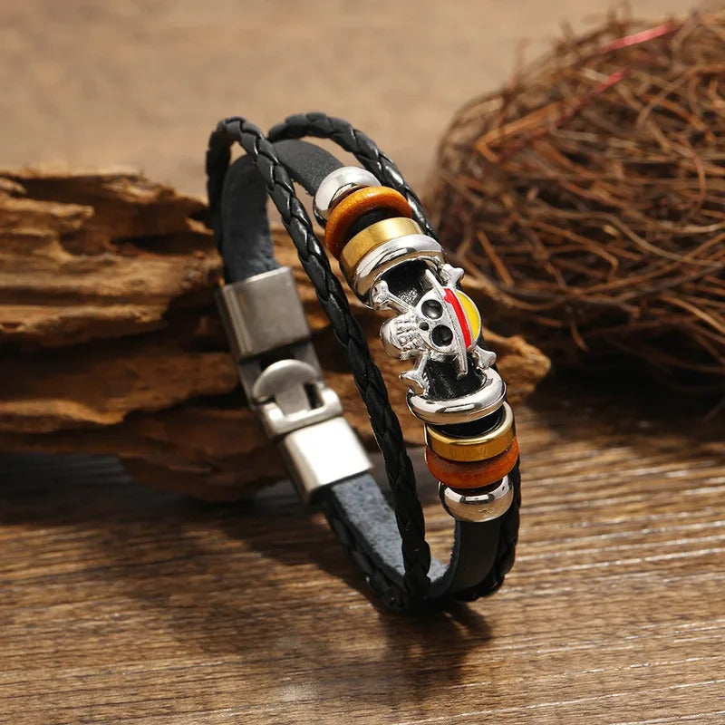 1Pc One Piece Luffy Pirate Bracelet Japan Cartoon Action Figure Toys Punk Black Leather Braided Punk Rock Bangles Bracelet Gifts