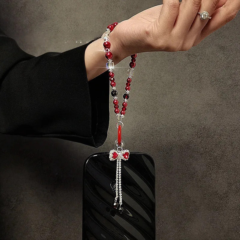 Luxury High-End Flash Diamond Bow Tassel Mobile Phone Chain Crystal Beaded Mobile Phone Lanyard Short Wrist Holding Chain