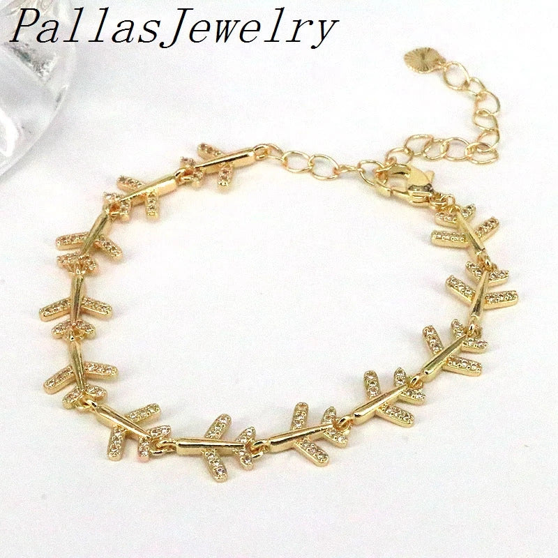 5Pcs Paved Crystal Gold Plated New Star Butterfly Airplane Plane Chain bracelet Adjustable Charm for Girls Woman Jewelry