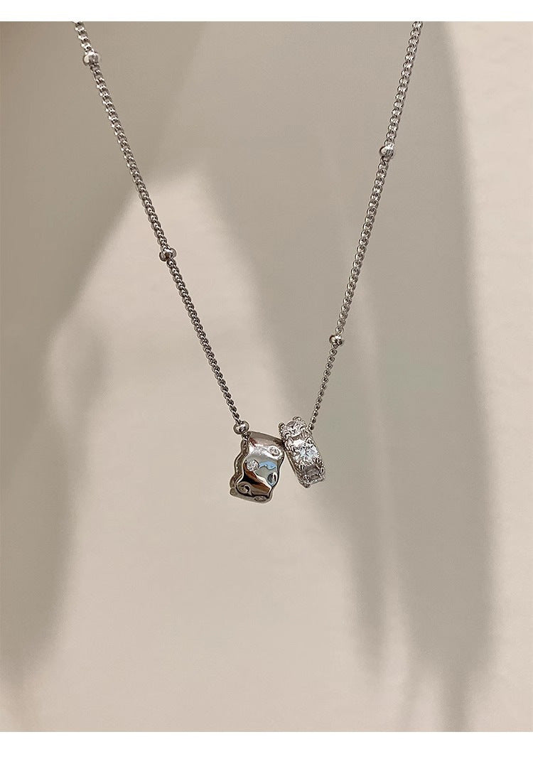 S925 Sterling Silver Double Ring Zircon Necklace Women's Light Luxury Double Ring Niche Clavicle Chain High-grade Sense Woolen Chain New Style
