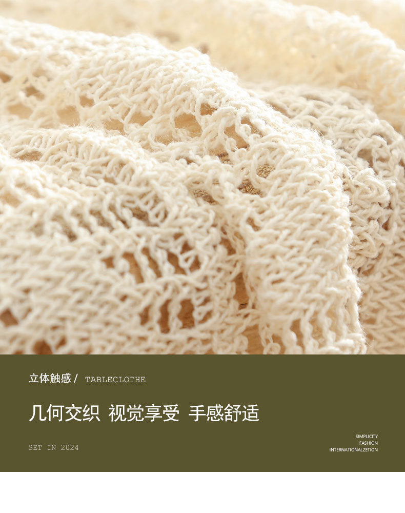 American Pastoral Cotton Woven Tablecloth Lace Hollow Crochet Tassel Dining Tablecloth French Cover Cloth Vintage Ins Tablecloth