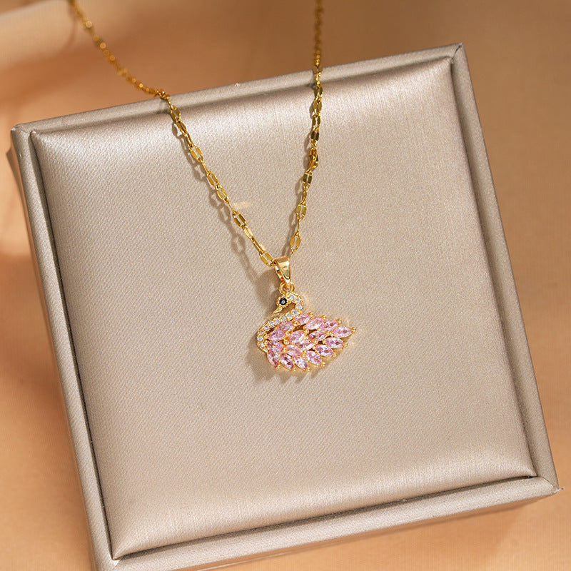 Elegant Inlaid Zircon Exquisite Titanium Steel Necklace for Women Fashionable Versatile Internet Celebrity Collarbone Chain Niche Light Luxury Jewelry
