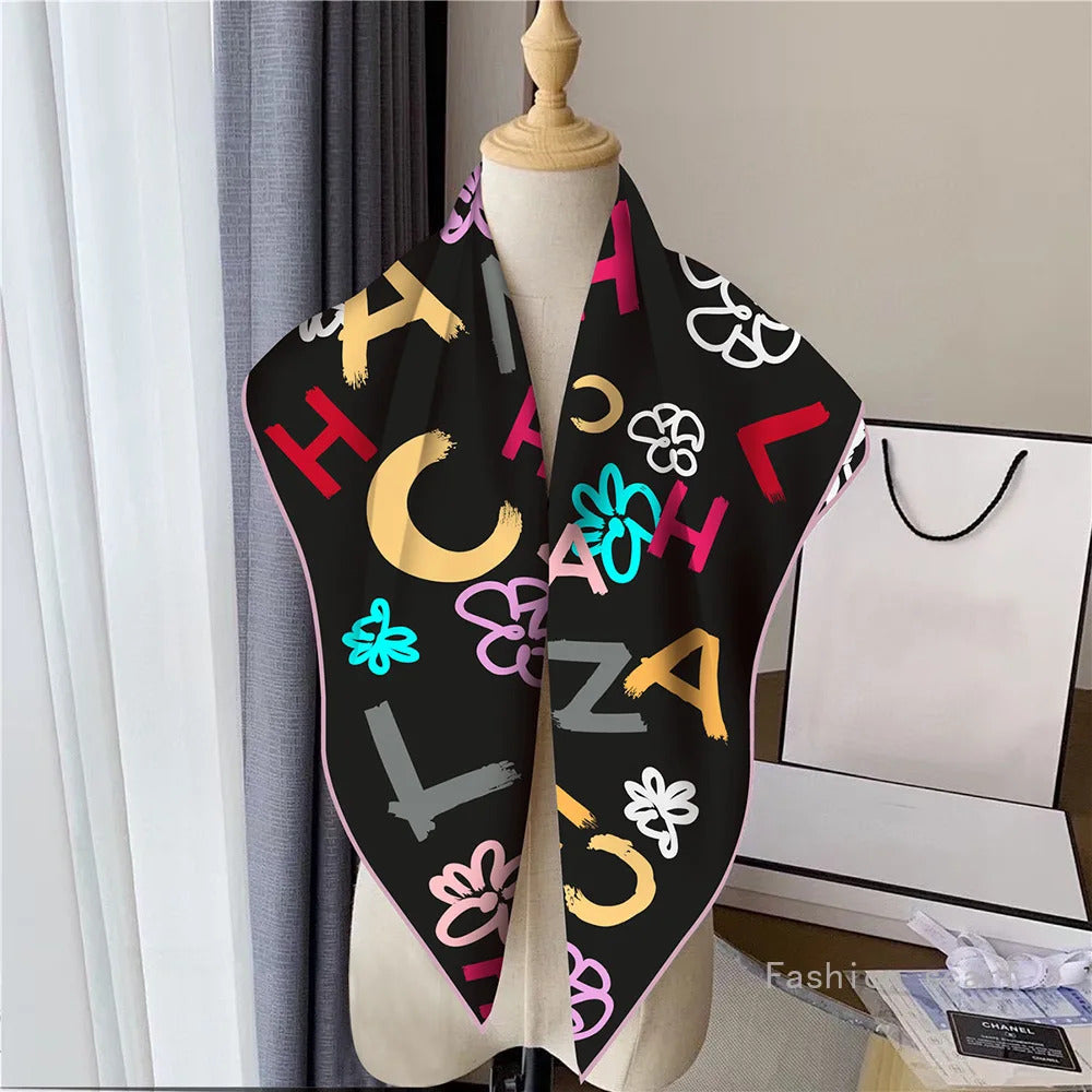 French Style New Black and White Letter Color Matching Women's Shawl Large Square Scarf Twill Silk Headscarf Scarf Wholesale