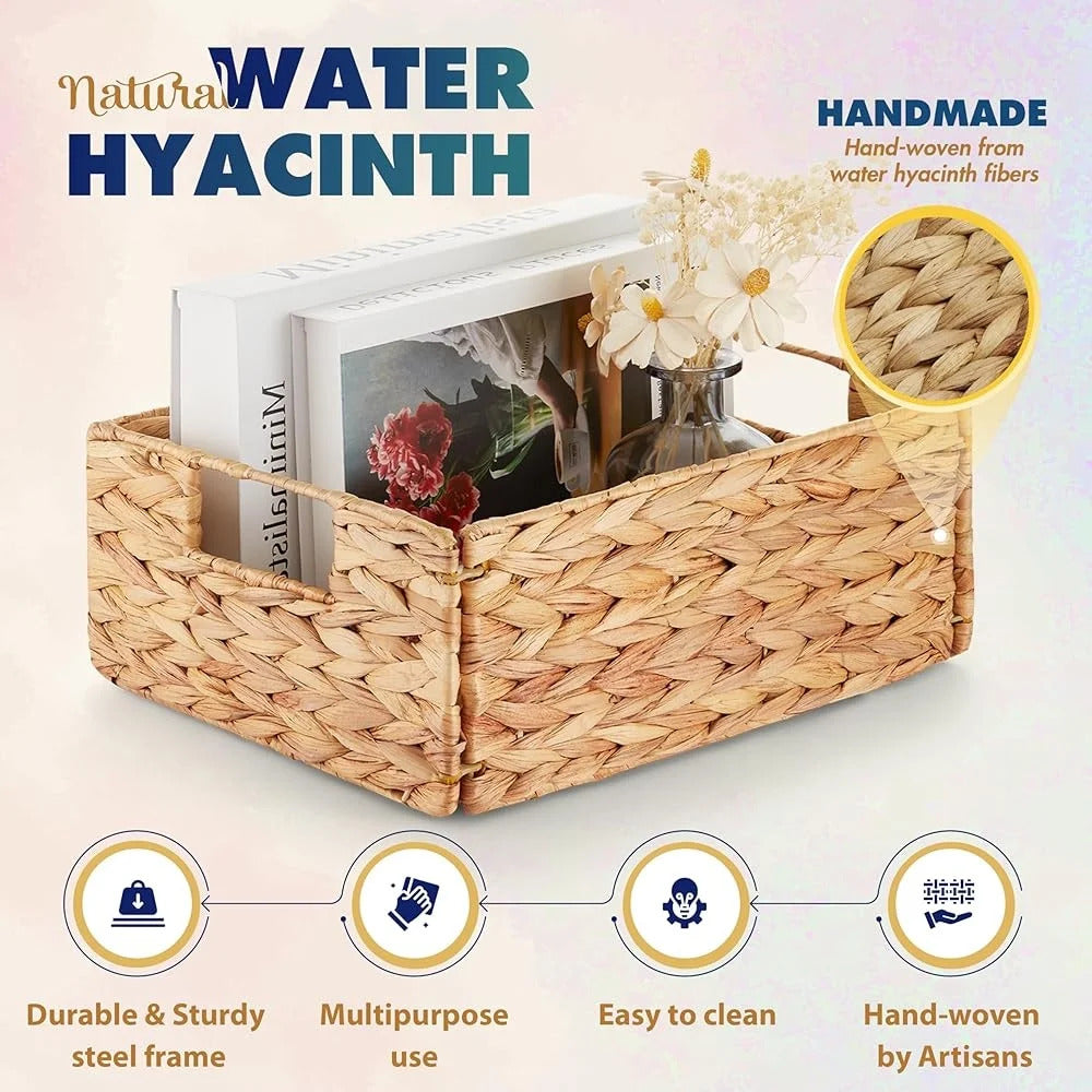 6 Piece Woven Water Hyacinth Storage Baskets Handcrafted Organizers with Handles Home Office Kitchen Living Room