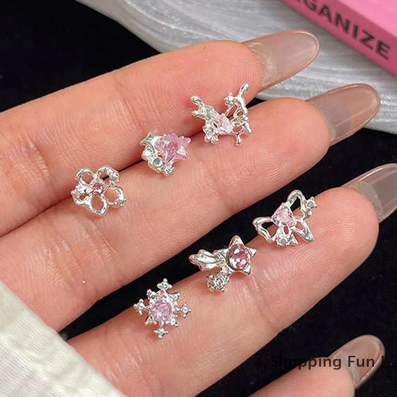 6Pcs Fashion Sweet Heart Stud Earrings For Women Girls Personality Fashion Temperament Earrings Jewelry Accessories Gifts-B2