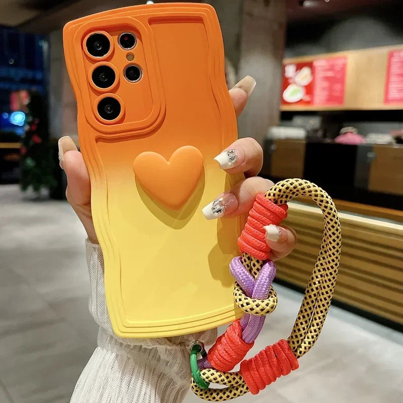 Love Heart Gradient Wrist Strap Case For Samsung Galaxy S25 Ultra S24 FE S23 S21 S20 S22 Plus Note 20 A55 A535 A25 A15 5G A05s