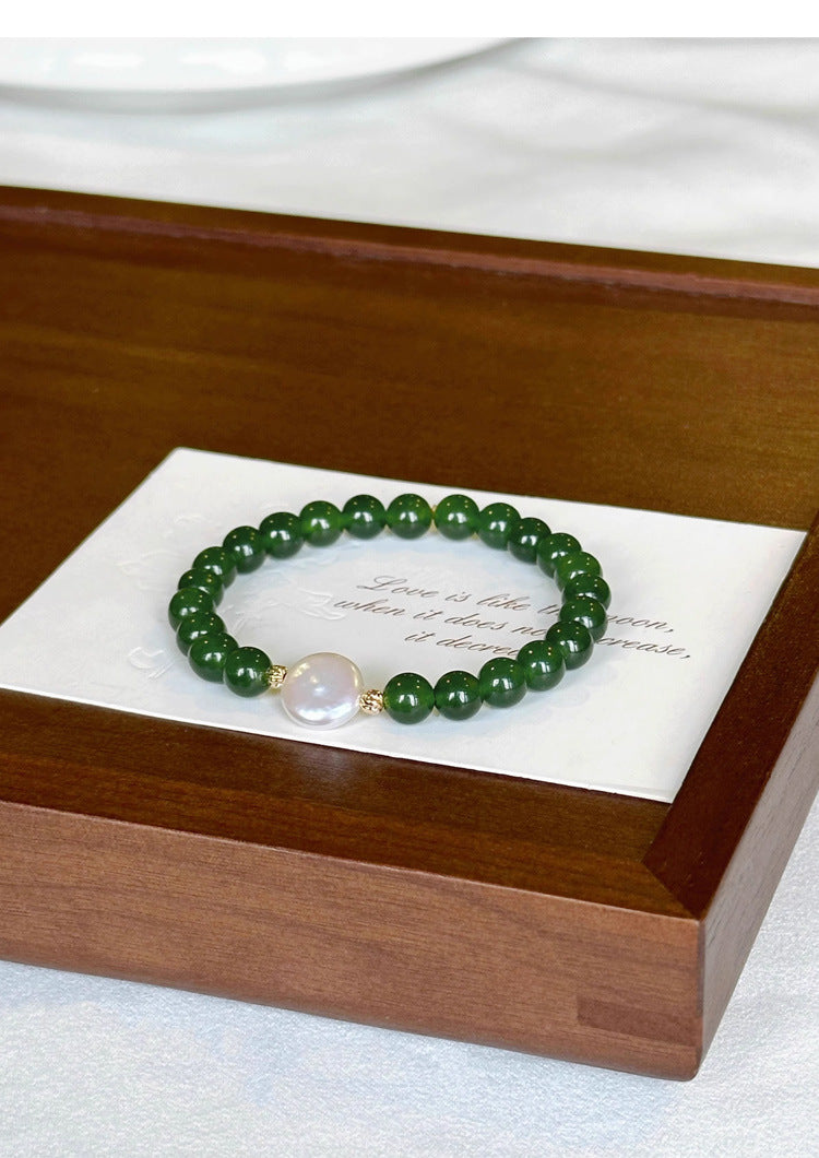 Green Agate Chalcedony Natural Pearl Bracelet Summer Women's High-end Niche New Chinese Style Bracelet Non-fading Jewelry