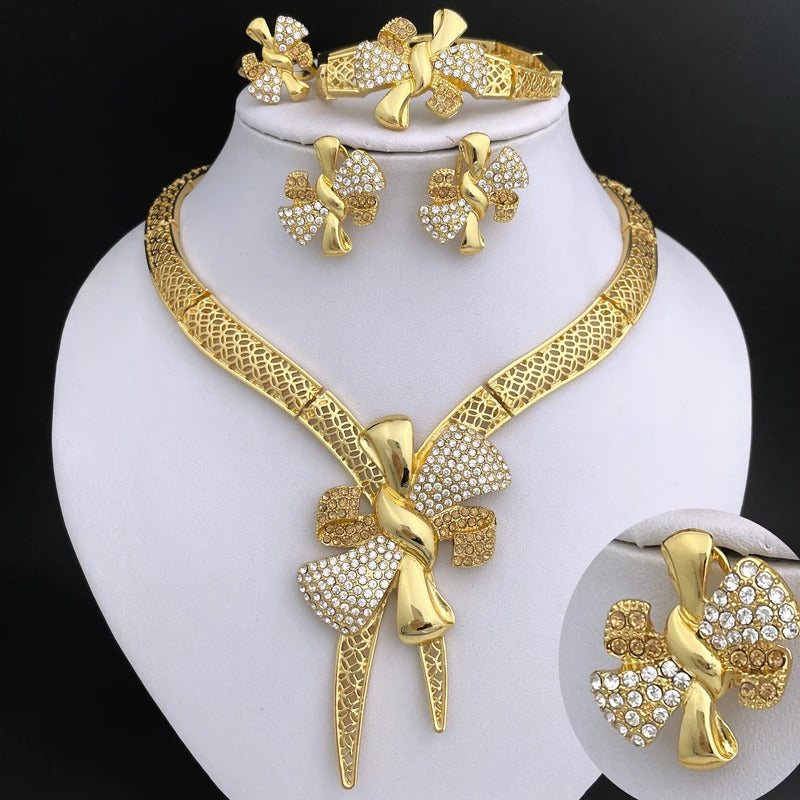 Italy 18k Gold Plated Women Jewelry Set Classic Design Bowknot Necklace Earring Bracelet And Ring 4PCS Set Jewelry Wedding Party