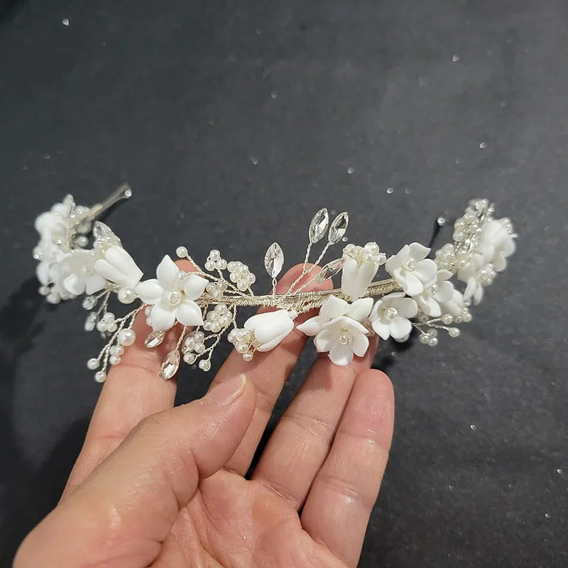 SLBRIDAL Handmade Luxury Rhinestones Crystal Pearls Ceram Flower Bridal Tiara Wedding Bridesmaids Crown Women Hair Jewelry