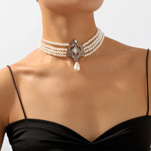 French Retro Pearl Necklace Light Luxury Retro Multi-layer Palace Style Choker Unique Exaggerated Necklace