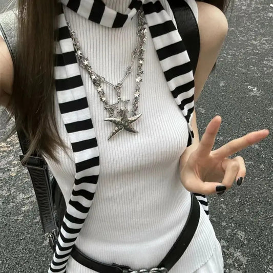 2024 Women Harajuku Cotton Scarves Y2k Black Grey Stripe Long Scarves 180cm Thin Long Decorative Neckerchief Fashion Streetwear