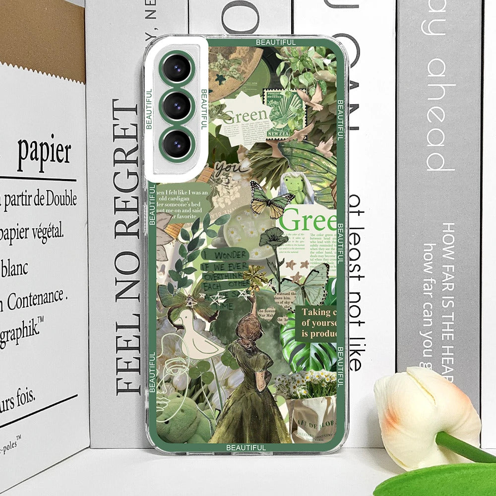 Cool Green Retro Flower Stickers Phone Case for Samsung Galaxy A55 A54 A53 A52 A51 A70 A22 A13 4G 5G Soft TPU Clear Cover Fundas