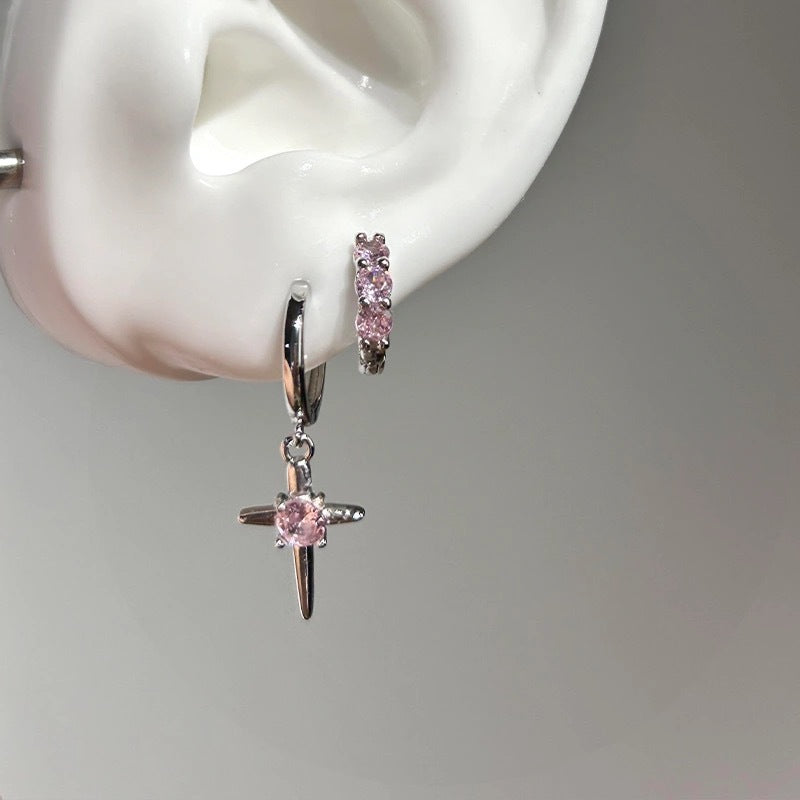 Sweet Cool Style Super Shiny Cross Earrings Cool Korean Sweet Temperament Double Ear Hole Ear Jewelry