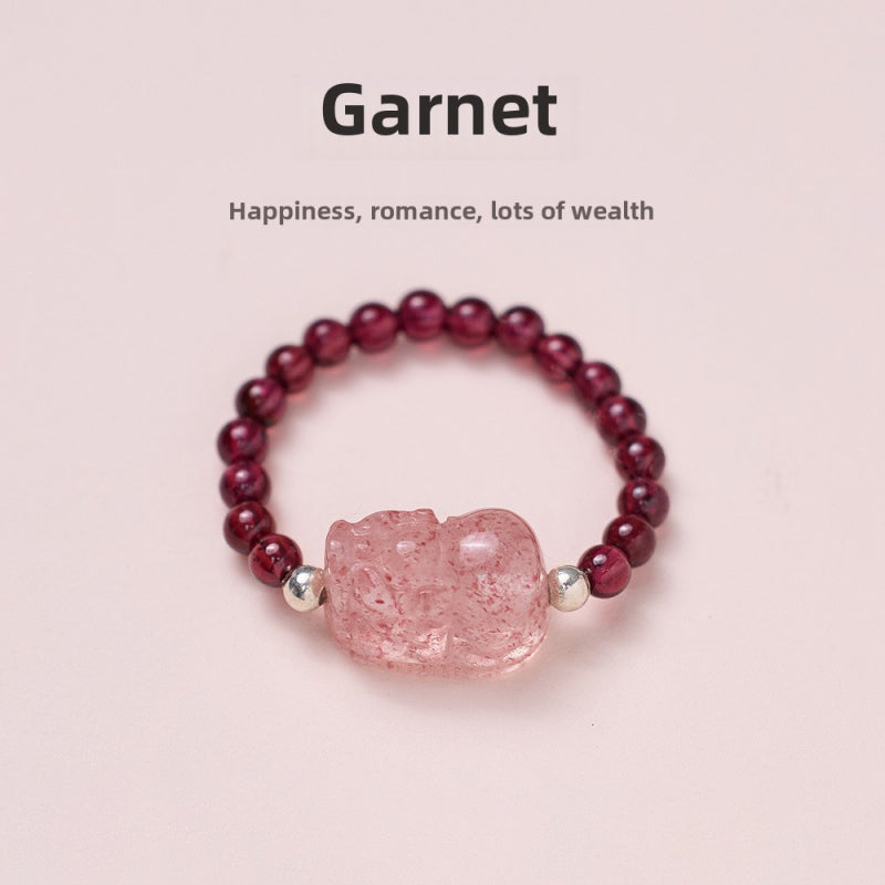 Natural Tourmaline Pixiu Ring Freshwater Pearl Garnet Crystal Stretch Good Luck Peach Blossom Rings