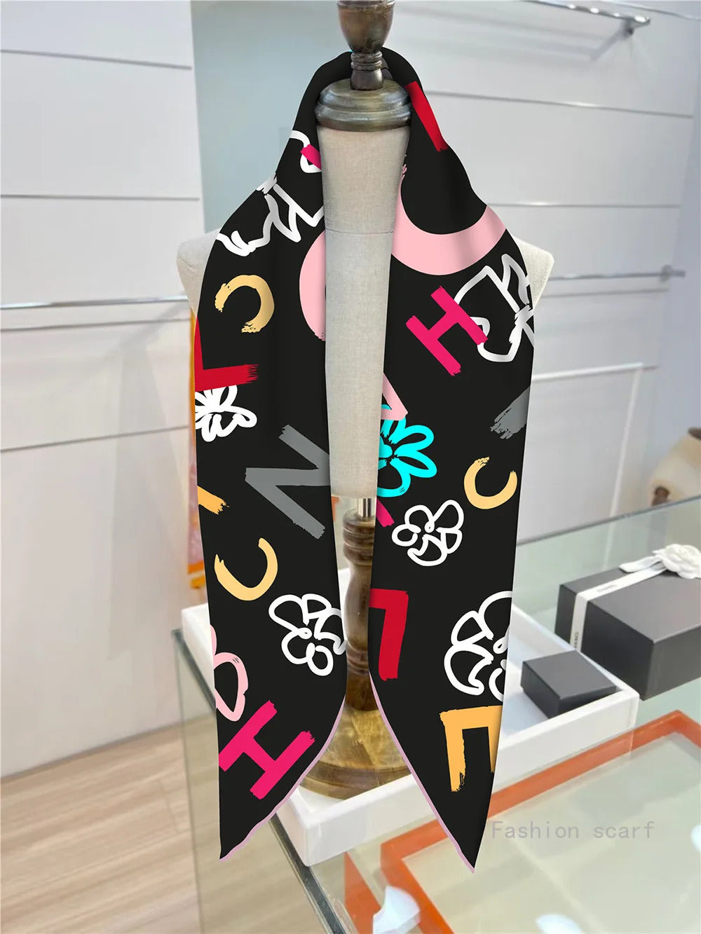 French Style New Black and White Letter Color Matching Women's Shawl Large Square Scarf Twill Silk Headscarf Scarf Wholesale