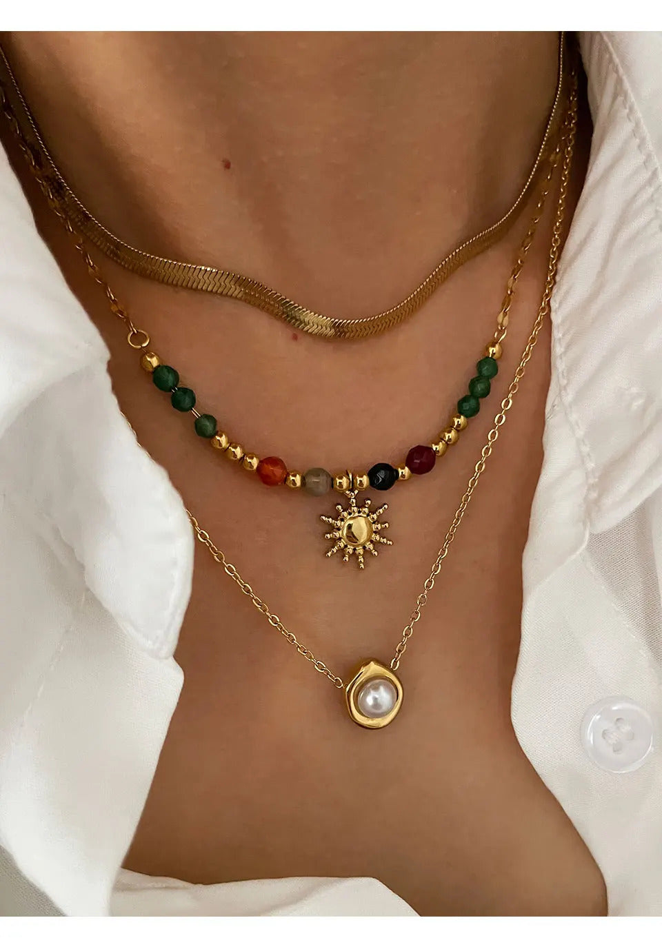 Peri'sbox Imitation Pearl Natural Stone Sunflower Pendant Necklace Women's Stainless Steel Flat Snake Chain Stackable Jewelry