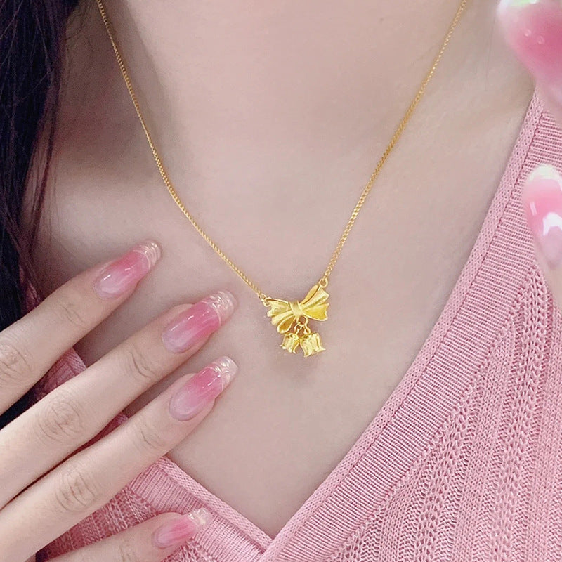 Princess on the Run Bowknot Lily of the Valley Necklace for Women 18K Gold High-End Design Sense Women's Clavicle Chain Non-Fading