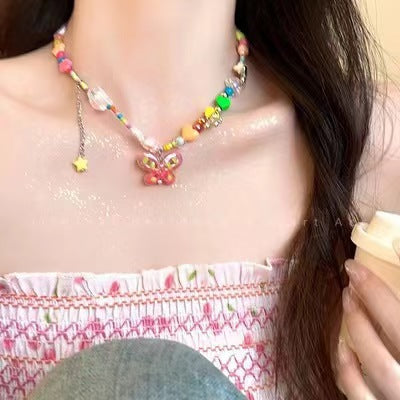Candy Color Dopamine Necklace for Women Versatile Niche Design Beaded Choker Chain Sweet Cool Girl Neck Chain Internet Celebrity Jewelry