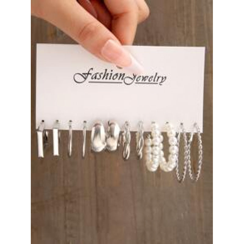 Metal Earrings Square Geometric Earrings Vintage Imitation Pearl Earrings Hepburn Earrings suit 6-piece Set