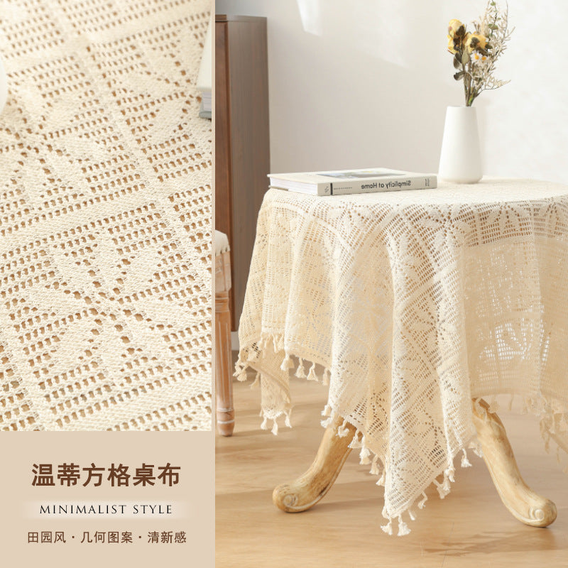 American Pastoral Cotton Woven Tablecloth Lace Hollow Crochet Tassel Dining Tablecloth French Cover Cloth Vintage Ins Tablecloth