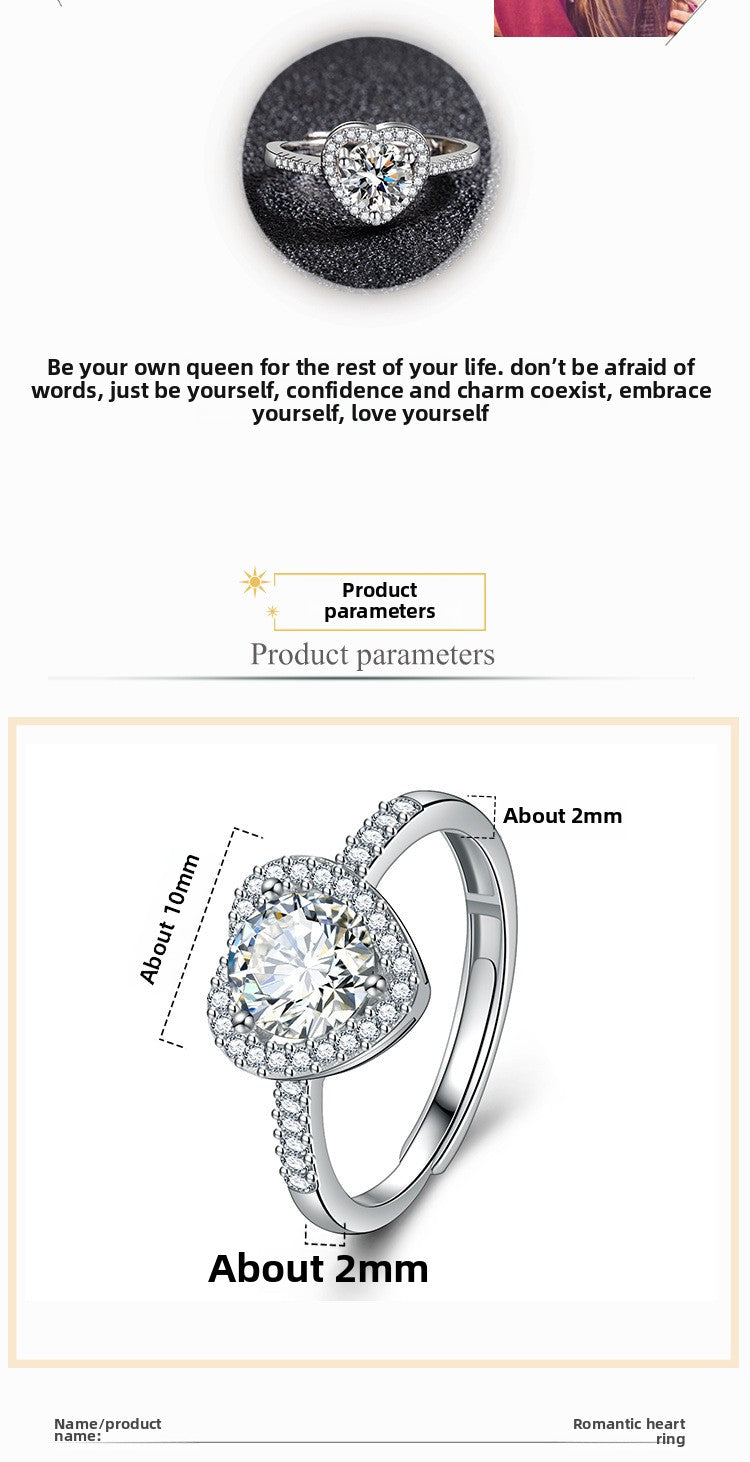 Zircon Ring Sweet Beauty Heart-shaped Hollow Ring 1 karat Moissanite Love Ring