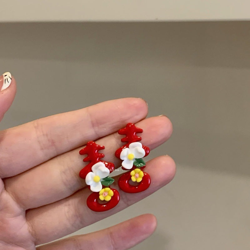 Dopamine Colorful Flower Earrings Suitable for Spring Sweet Cute Young Heart Stud Earrings for Women 2025 New Model