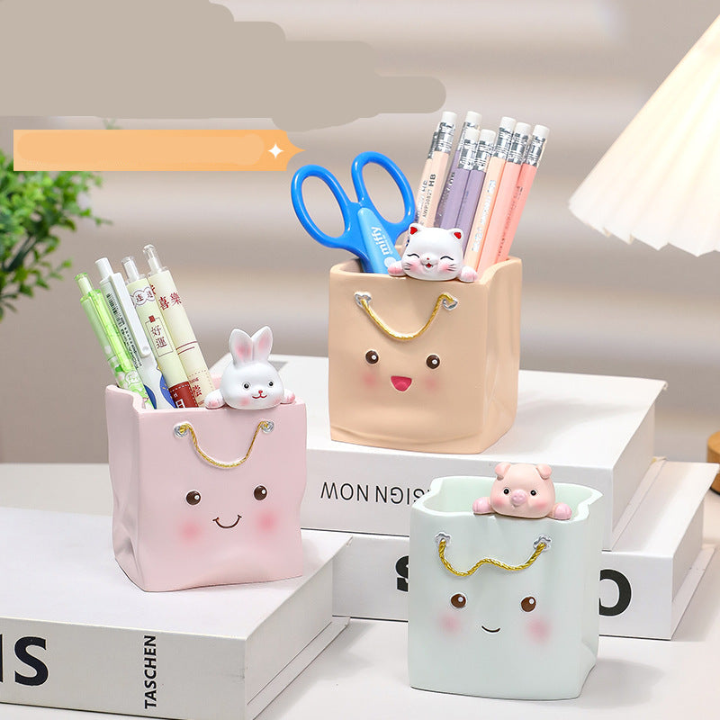 Cute Pen Holder Handmade Ornament High-end Creative Office Desk Decoration Pen Box Resin Figurine Office Gift