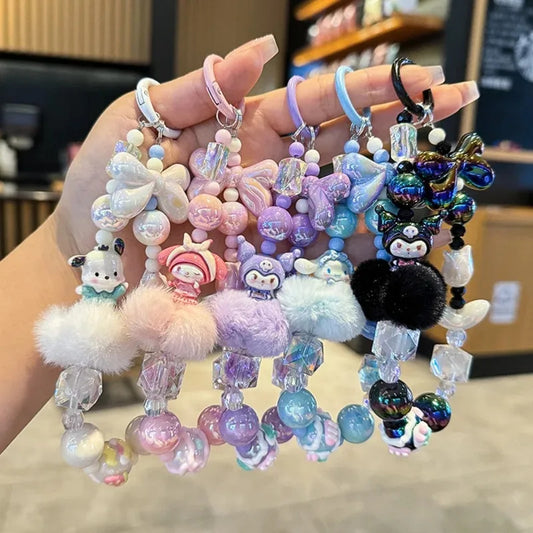 Sanrio Hello Kitty Melody Hairball Mobile Phone Chain Camera Pendant Kuromi Hand Painted Beaded Kawaii Bracelet Key Chain Gift