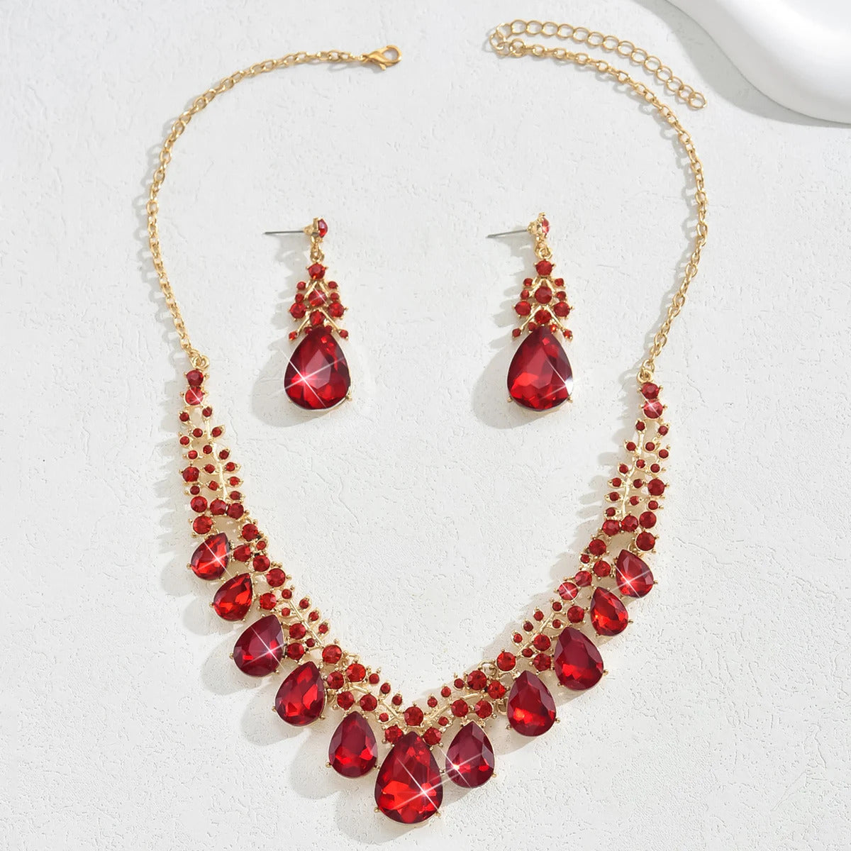 3PC Women's Fashion Trendy Charm Crystal Water Drop Necklace Earrings Jewelry Set Wedding Banquet Party Holiday Gift