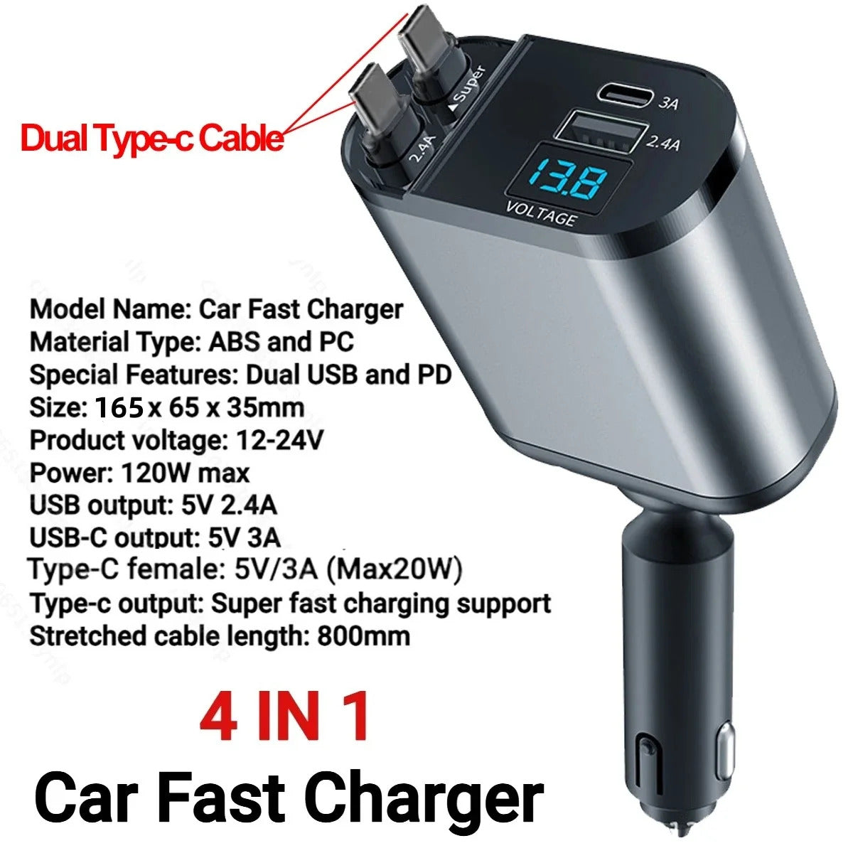 120W Car Charger 4 in 1 Retractable Fast Charging Car Phone Charger Cigarette Lighter Adapter USB C Cable for iPhone Xiaomi Poco