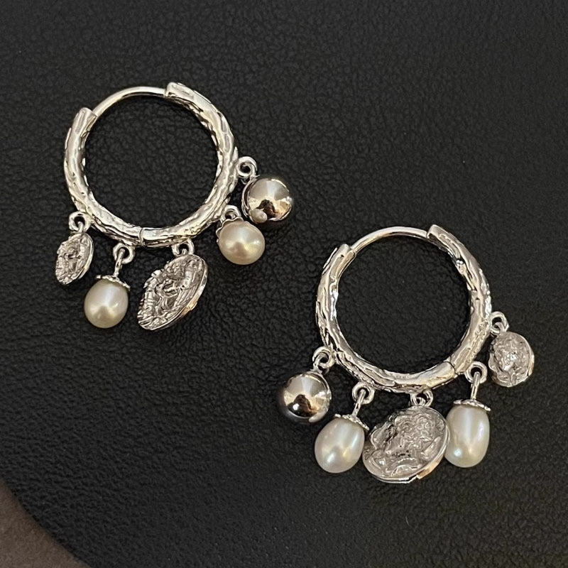 S925 Sterling Silver Pearl Tassel Earrings for Women Fashion Retro Vintage Gold Texture Palace Style Earrings