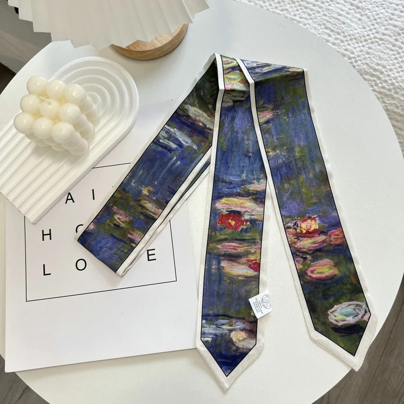 High-Grade Flower Print Long Silk Scarf Hair Band Ribbon Tied-up Hair Long Bow Vintage Satin Ribbon Hair Accessories For Women
