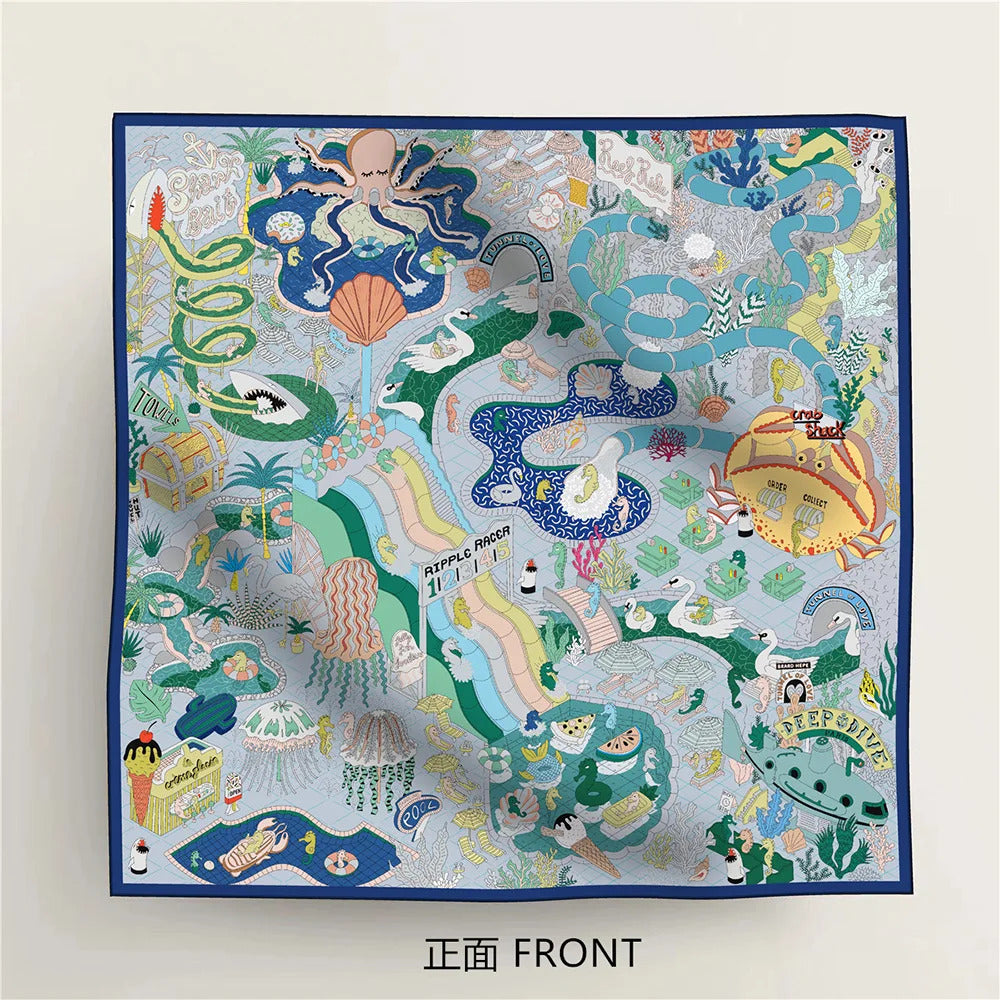 90Cm High-quality Twill Silk Double-sided Printing Submarine Playground Women's Large Square Scarf Scarf Chest Wrap Scarf