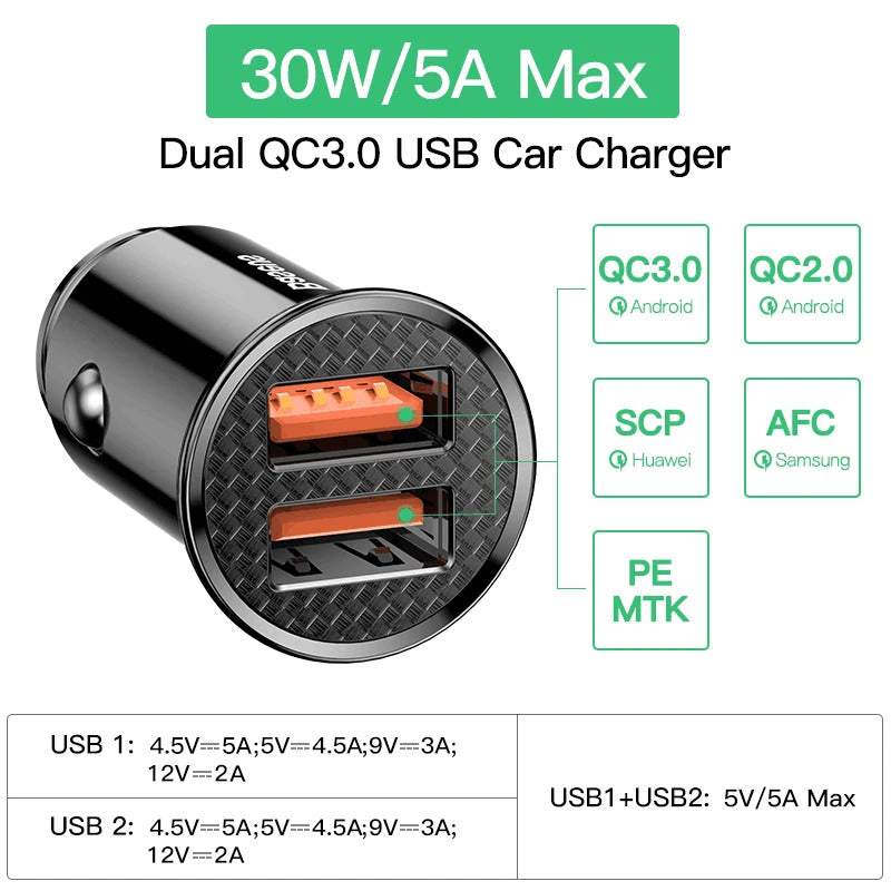 Baseus 5pcs USB Car Charger Quick Charge QC4.0 QC3.0 PD3.0 SCP PPS 5A Type C 30W Fast USB Charger For iPhone Xiaomi Mobile Phone