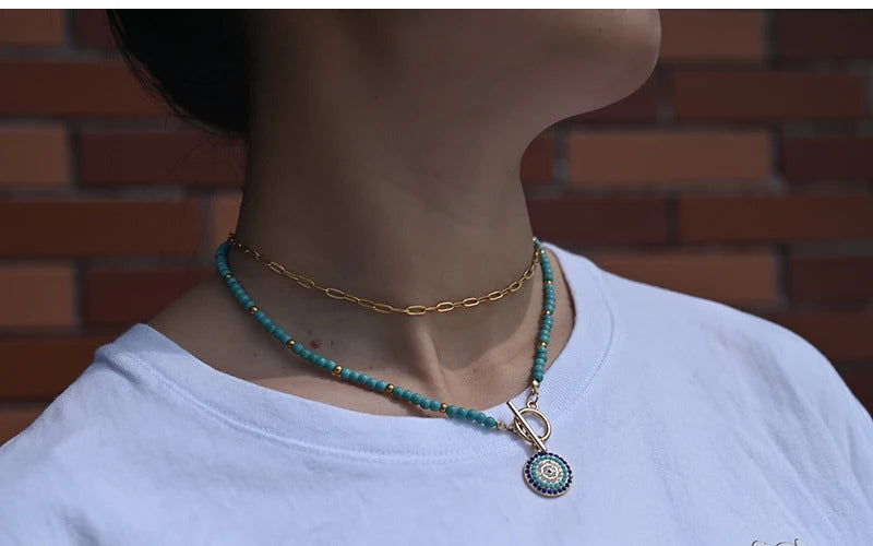 4mm Colorful Stone Choker Necklace for Women Round Evil Charm Pendant Necklace Fashion New Daily Jewelry