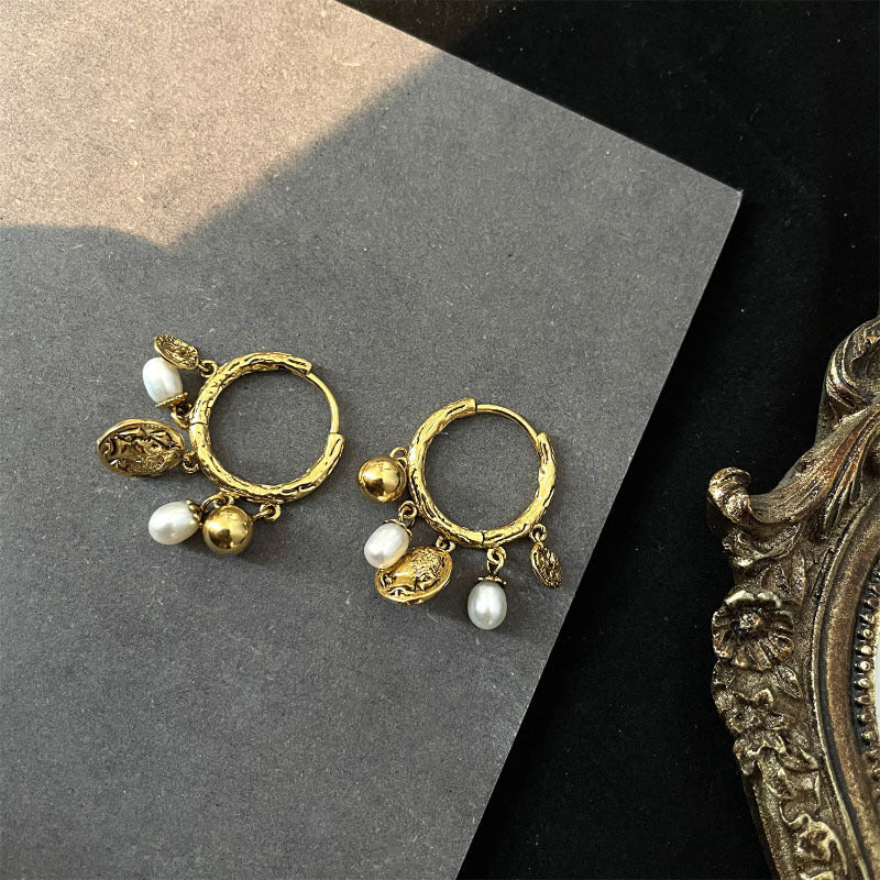 S925 Sterling Silver Pearl Tassel Earrings for Women Fashion Retro Vintage Gold Texture Palace Style Earrings