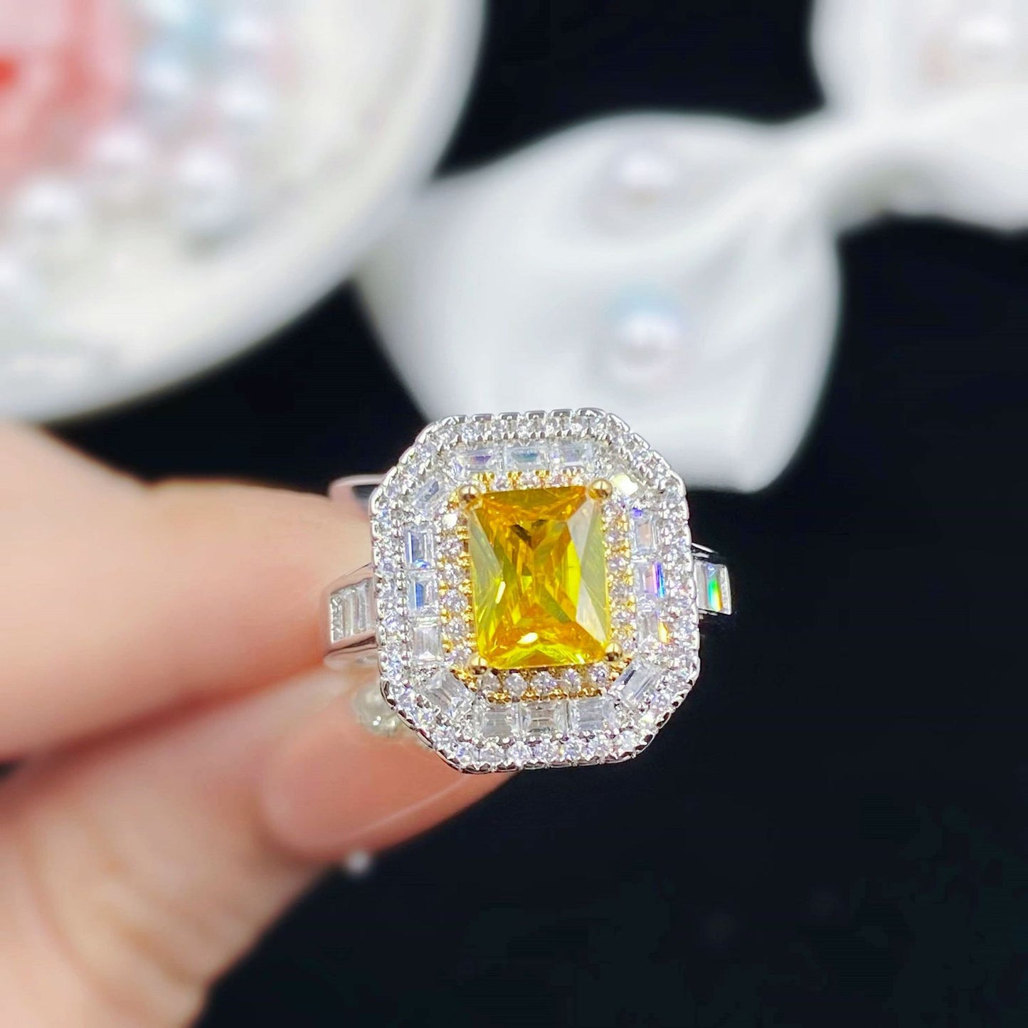 Hot New Princess Square Simulation Citrine Full Diamond Opening Ring Female Temperament Ring