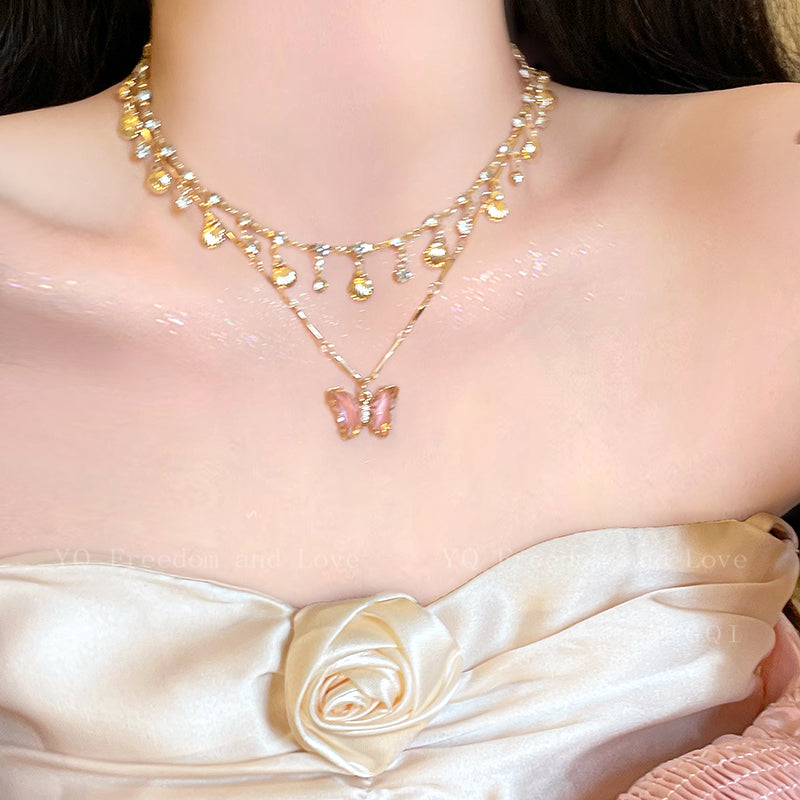 Blue Butterfly Double Tassel Necklace Summer Cool Necklace Accessories Female Niche Clavicle Chain