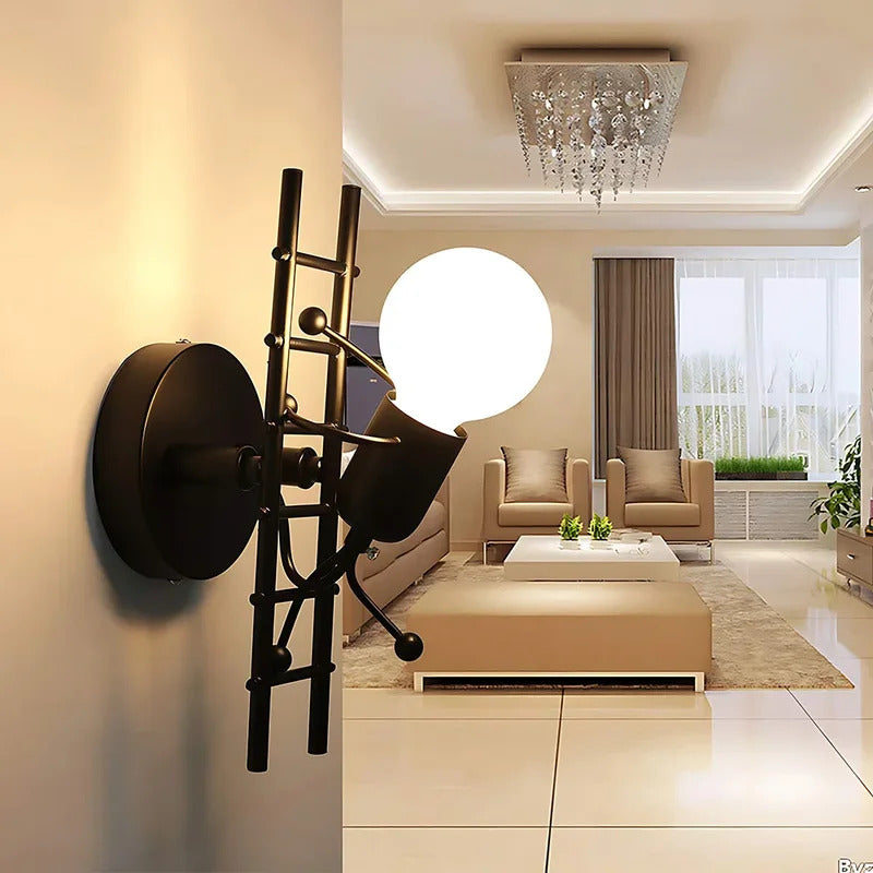 SANDYHA Warmth Bedside Nodic Wall Lamp Creative Small Man Iron Light Metal Simple Cartoon Robot Sconce Art Decor Bedroom Light