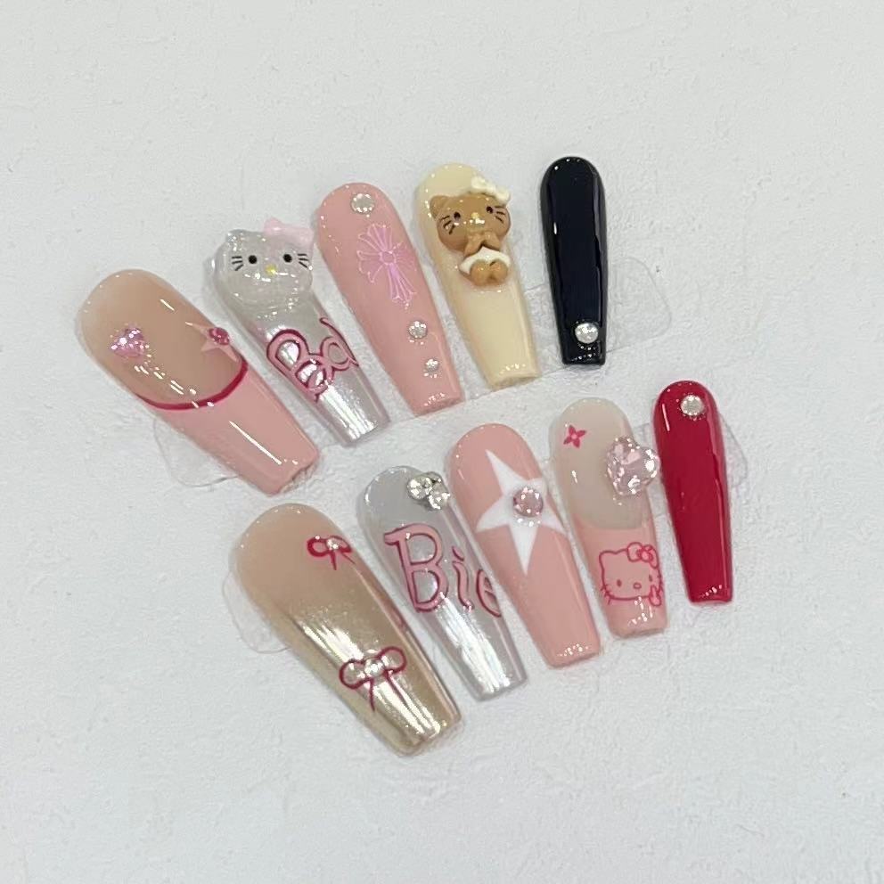 Wear Nail Handmade High Sense Finished Nail Beauty Fake Nail Patch Sweet Cool Hot Girl Cat Manicure Detachable Use