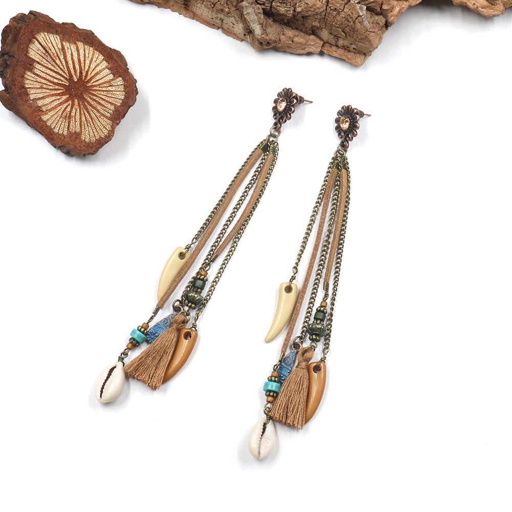 Earrings Bohemian Hair Long Tassel Shell Horn Sunflower Earrings