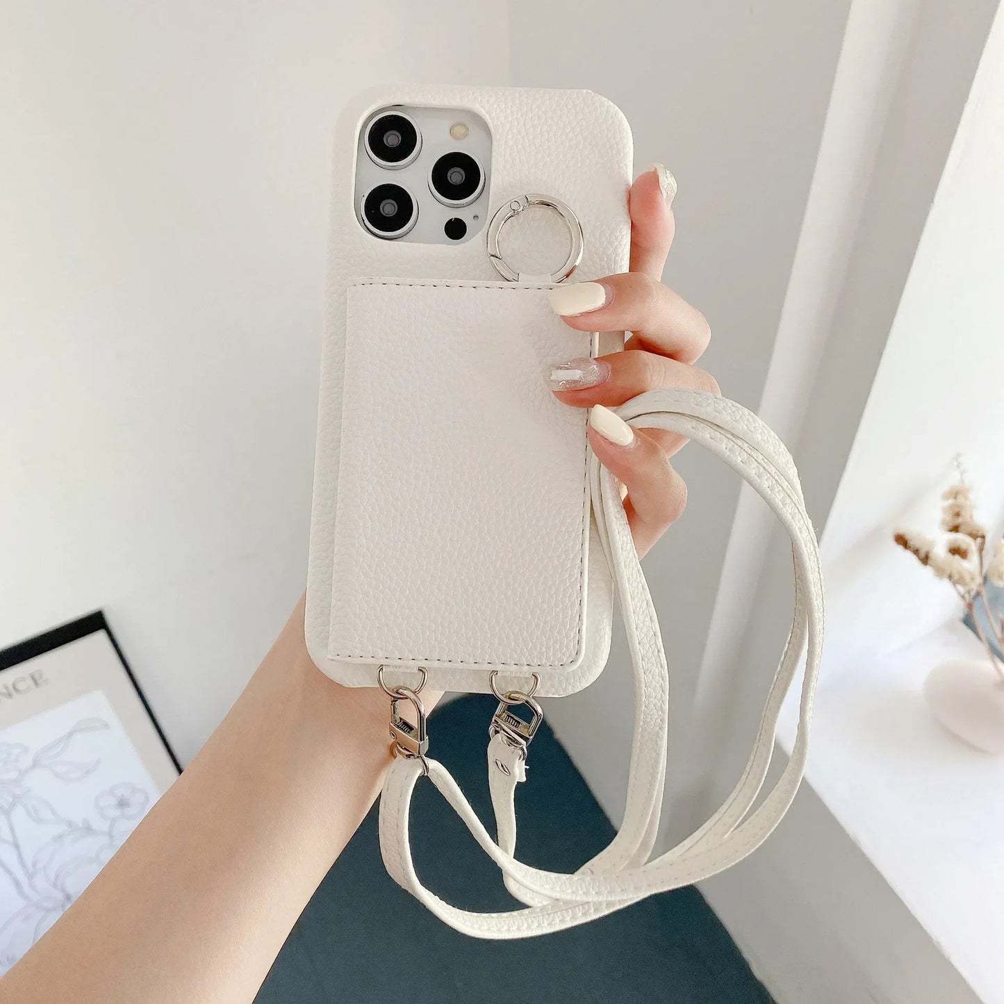 Ring Holder Mirror Card Slot Case For iPhone 13 12 Mini 16E 16 15 14 11 Pro XS Max 8 Plus Crossbody Wallet Lanyard Leather Cover